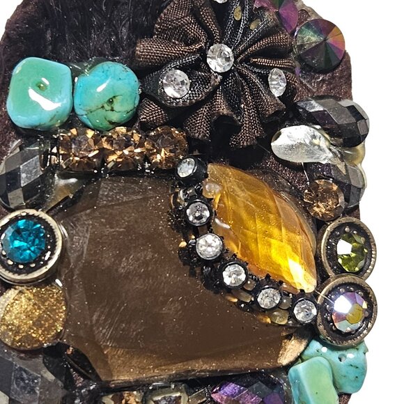 Handcrafted Statement Brooch Pin Turquoise Rhinestones Gemstones Feathers Women - Picture 3 of 6